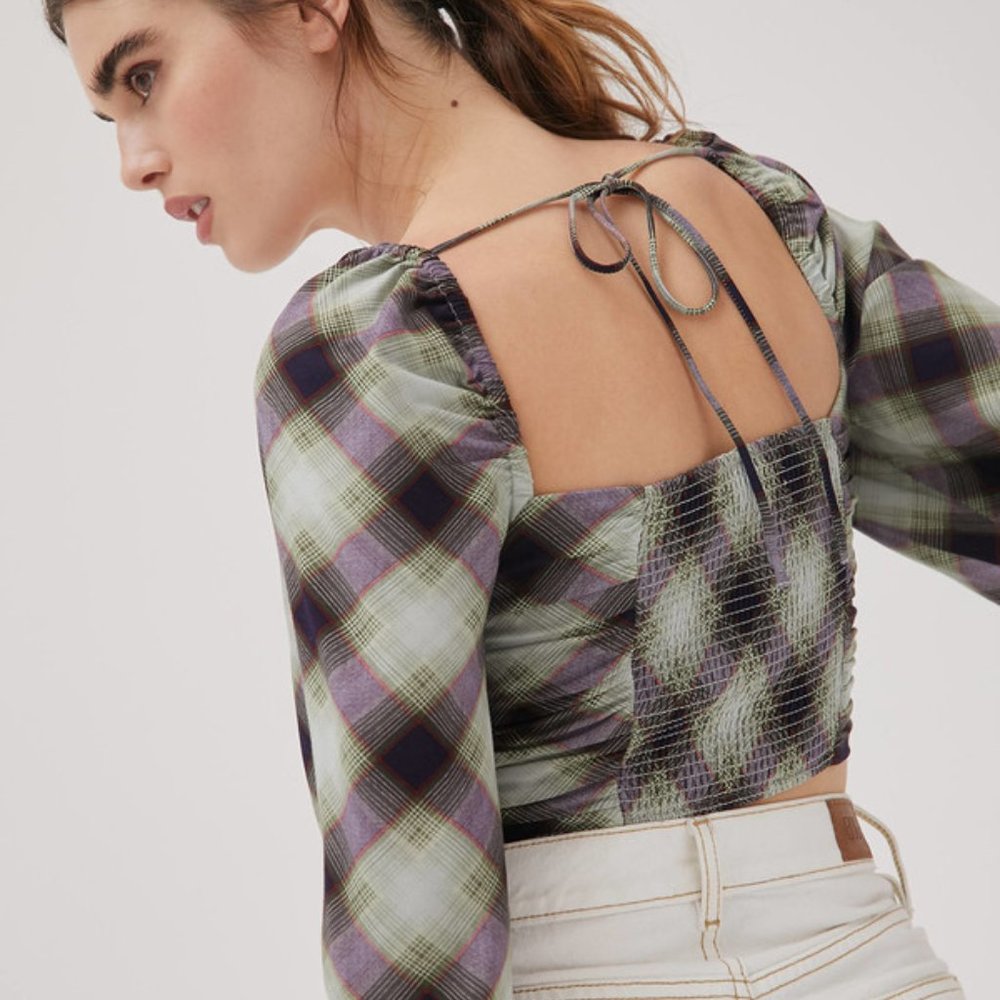 UO Bambi Ruched Blouse- Plaid Size Medium